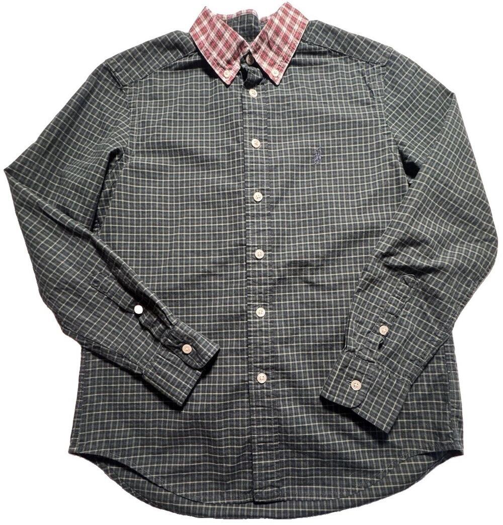 Ralph Lauren Boys M 10-12 Green Blue Check Button Down Shirt Pony Logo Cotton